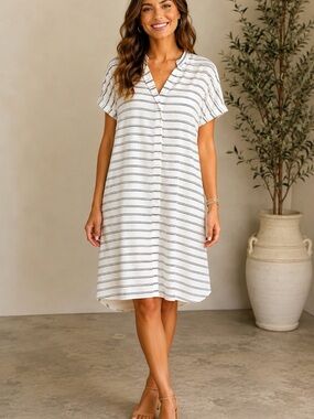 Ann Taylor White and Navy Striped V‑Neck Dress